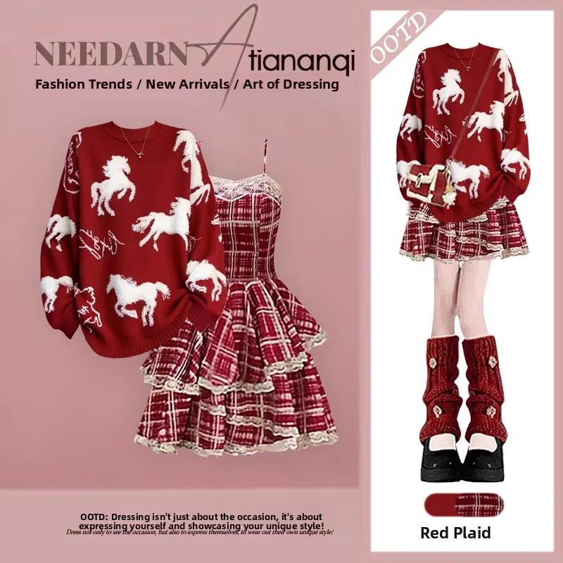 

Winter Knitted Sweater And Plaid Dr Two-Piece Set for Women Red Color Slimming Design New Year's Faion Ensemble