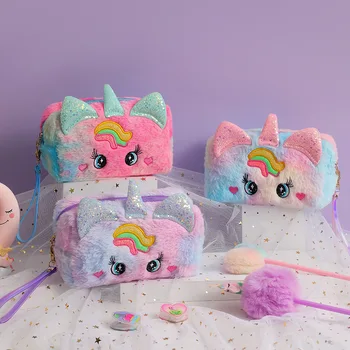חמוד plush unicorn תיק עיפרון אסתטי מקרים ילדה kawaii נייר תיק ילדים קיבולת גדולה עט במקרה בית הספר אספקה