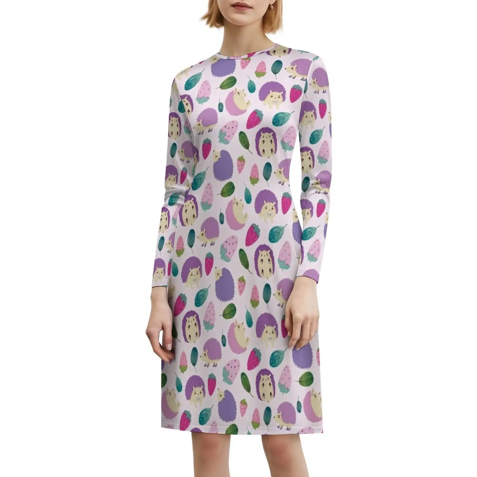 Hedgehogs-Cute Purple And Pink Cartoon Animal Pattern Korean Style Casual Dress For Women Simple Daily Office Lady Dresses