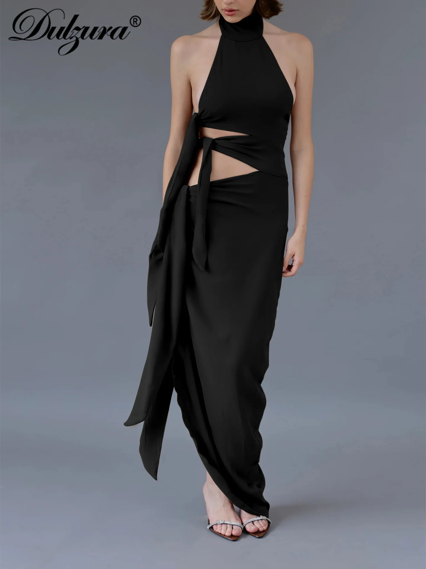 Dulzura الرسن بلا أكمام عارية الذراعين سليم الدانتيل يصل قطع الشريط غير النظامية فستان طويل الصلبة مثير فستان أنيق ملابس نادي الحفلات