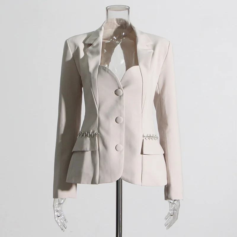 Blazers delgados con espalda descubierta para mujer, trajes con cuello con muescas, chaqueta de manga larga con retales de diamantes, ropa de moda