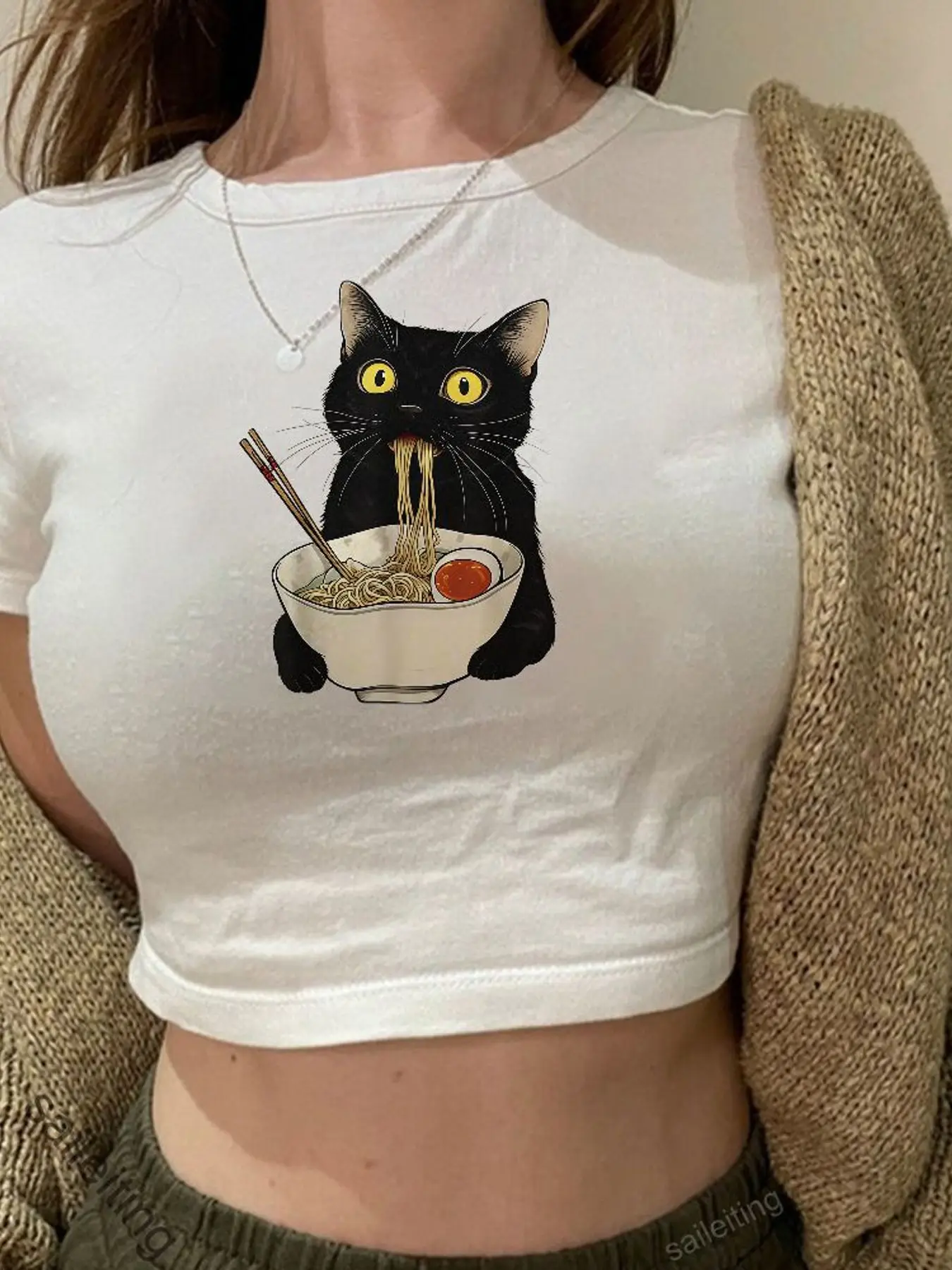 Cute Black Cat Noodle Graphic Crop Top Women Short Sleeve Casual Summer Tee with Open Knit Cardigan and Sweatpants - Playful