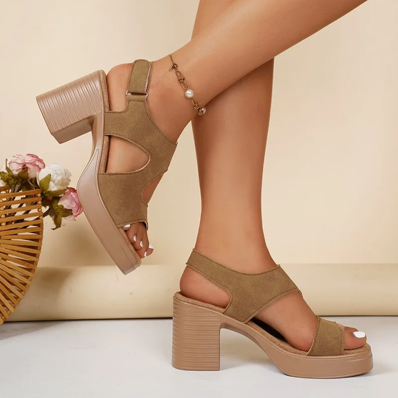 High Heeled Sandals Women's 2025 Summer Thick Heeled Platform Sandals Women's Fishmouth One-Word Buckle One-Word Gladiator Shoes view 3