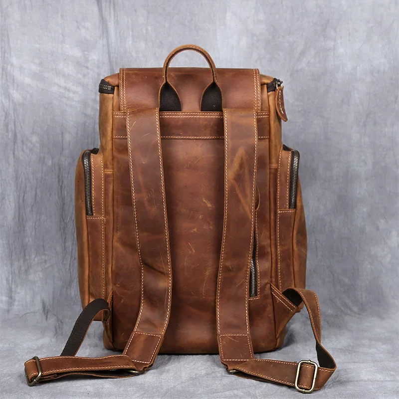 Retro Leather Backpack Men Crazy Horse Leather Large Capacity Multifunctional Outdoor Travel Backpack