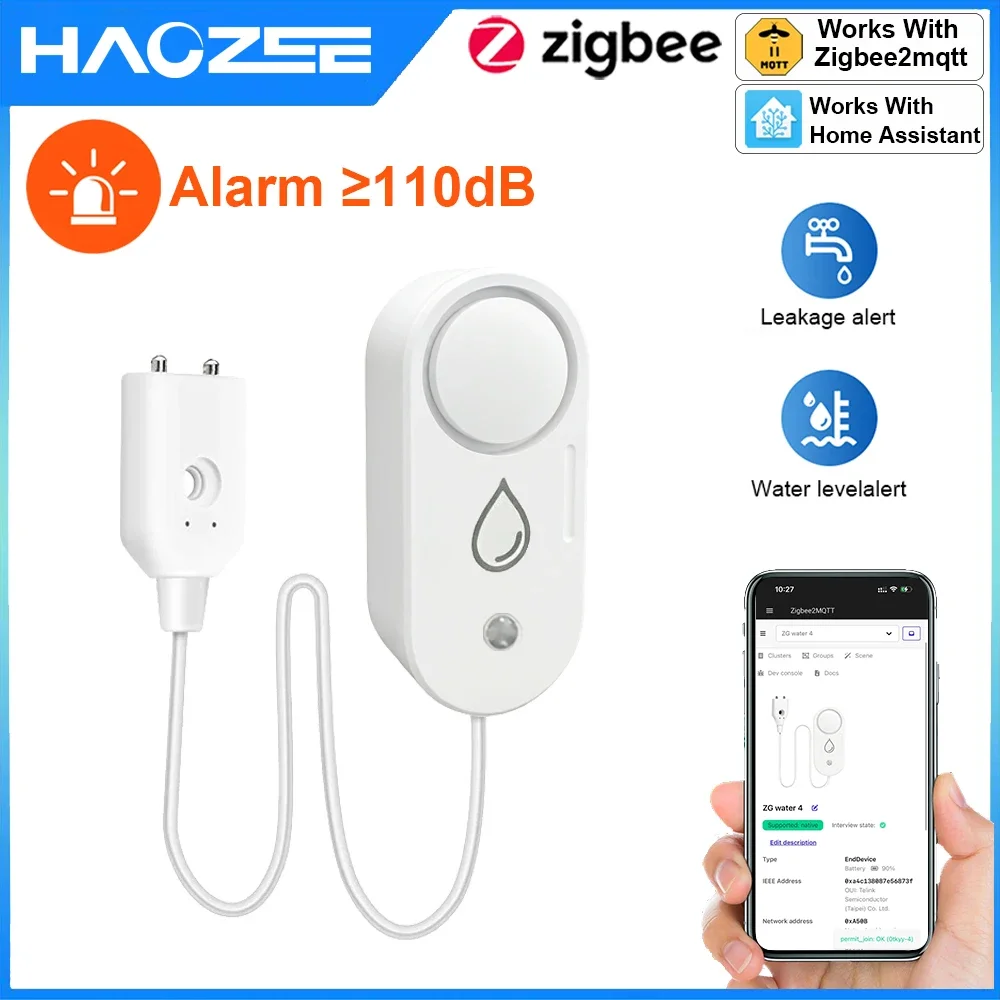 

Датчик протечки воды Haozee Zigbee с сиреной 110 дБ, сигнализация об утечке воды для кухни/ванной комнаты, поддержка Smart Life Z2M