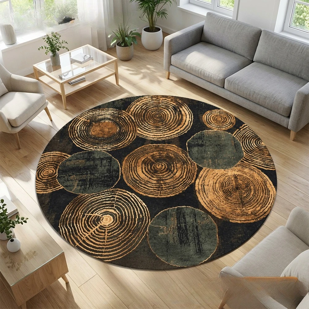 Distressed Dark Wood Grain Circular Area Rug Antique Tree Trunk Annual Ring Print Anti Slip Round Doormat Rustic Indoor Sofa Rug