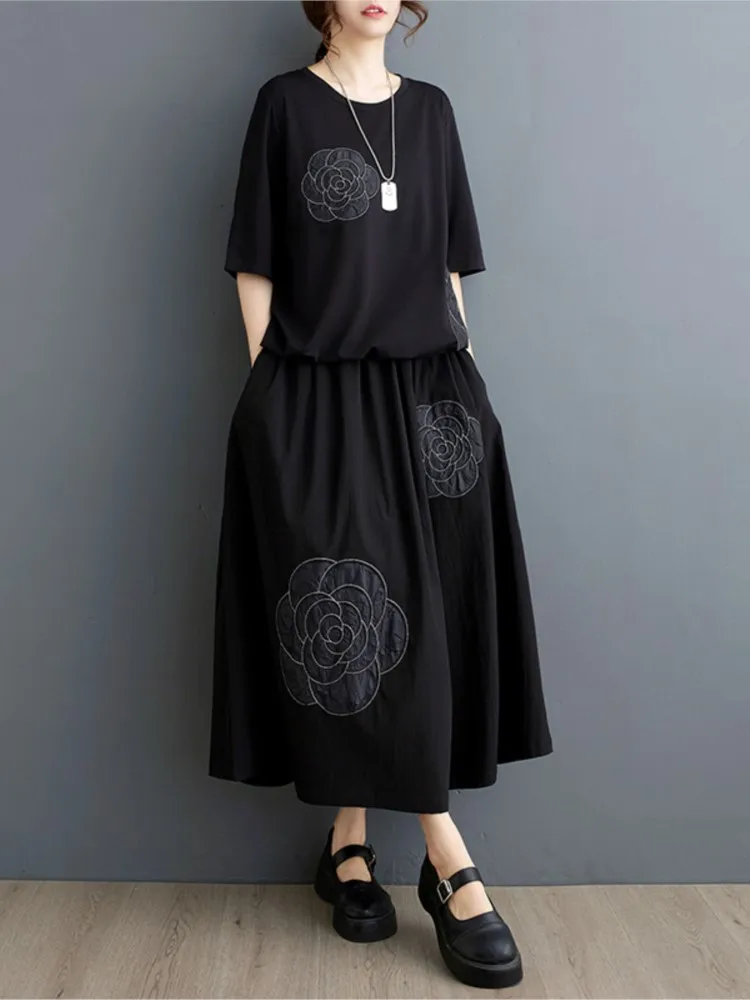 Oversized Flower Embroidery Summer 2 Two Piece Set Women Fashion Casual Ladies Blouses Ruffle Pleated Loose Woman Midi Skirts