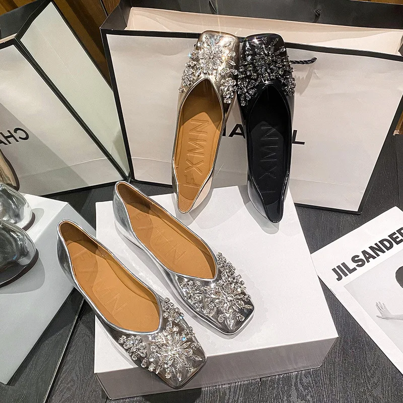 

Flats Woman Bridal Wedding Shoes Spring Square Toe Ballets Women Party Dress Shallow Loafers Rhinestone Moccasines Shoes