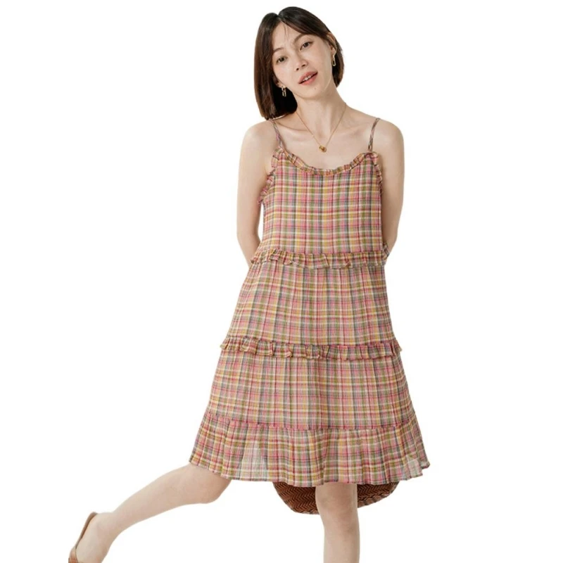 

2024 Women Spaghetti Straps V Neck Ruffles Short Dress Plaid Print Loose High Street Dress Female Holiday Summer Dress Vestidos