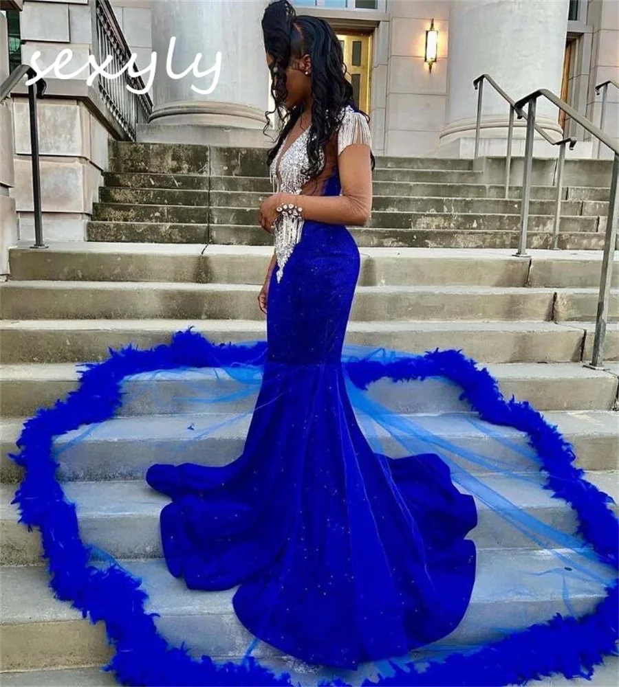 Vestido de fiesta de plumas azul real, vestido de noche de sirena negro de lujo para niñas, Aso Ebi, ocasión Formal sudafricana, cumpleaños personalizado