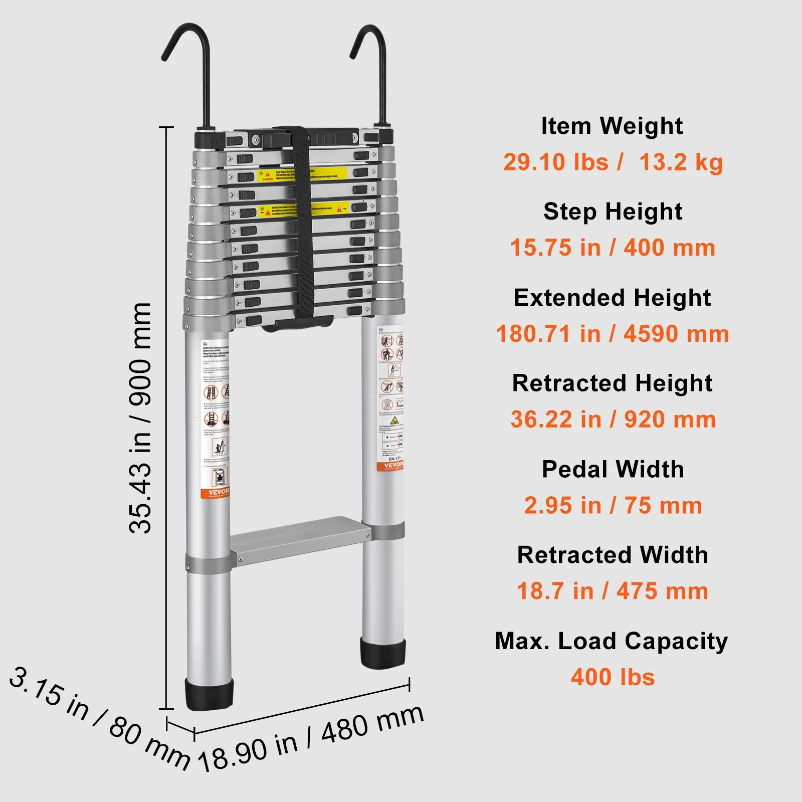 Alumínio dobrável extensão escada, telescópica, pés antiderrapantes, 1 botão de retração, 400 lbs capacidade, 15 ft