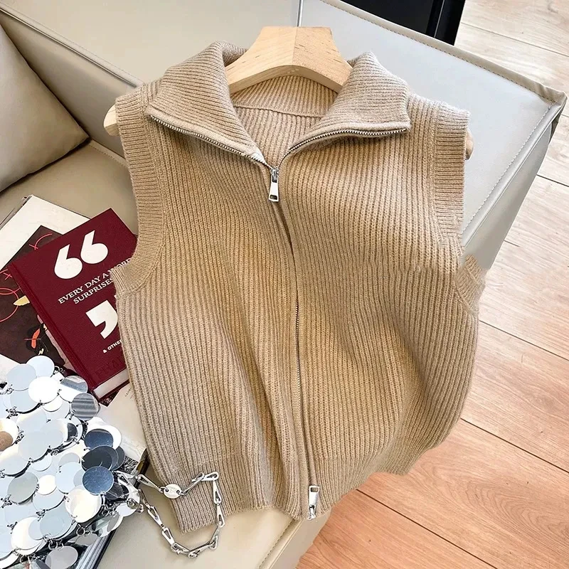 Stand Collar Knit Zipper Cardigan for Wemen Autumn New Loose Simple Sleeveless Casual Vest Y2K Korean Preppy All Match Crop Tank