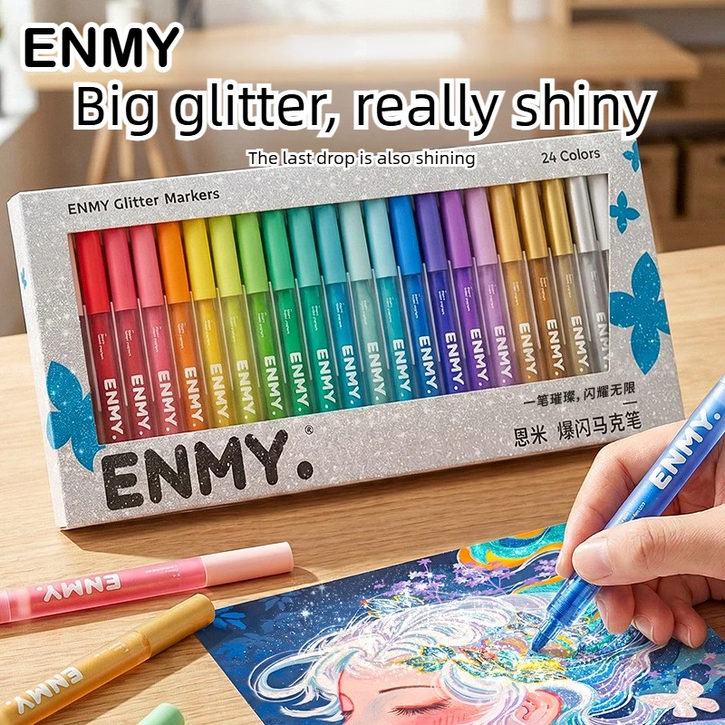 

ENMY 24/1 Colors Super Shiny Glitter Color Markers with Light Valve Big Particle Glitter Office School Art Supplies Stationery