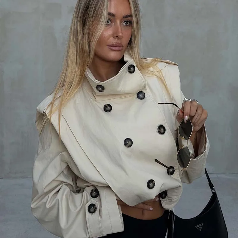 YENKYE Women Pleated Cropped Trench Coat Stand Collar Double Breasted Short Windbreaker Shoulder Epaulets Casual Outerwear
