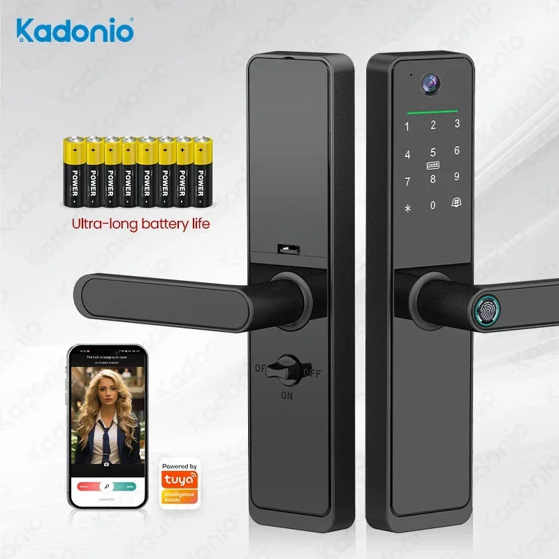 004 Kadonio buen precio cerradura electrónica de perno muerto aplicación Tuya cerradura de puerta con perilla Wifi inteligente con timbre de cámara de anillo