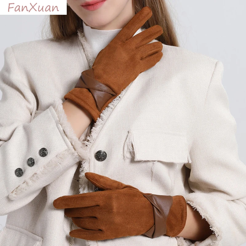 women winter gloves suede fabric faux leather bowknot solid color touch screen