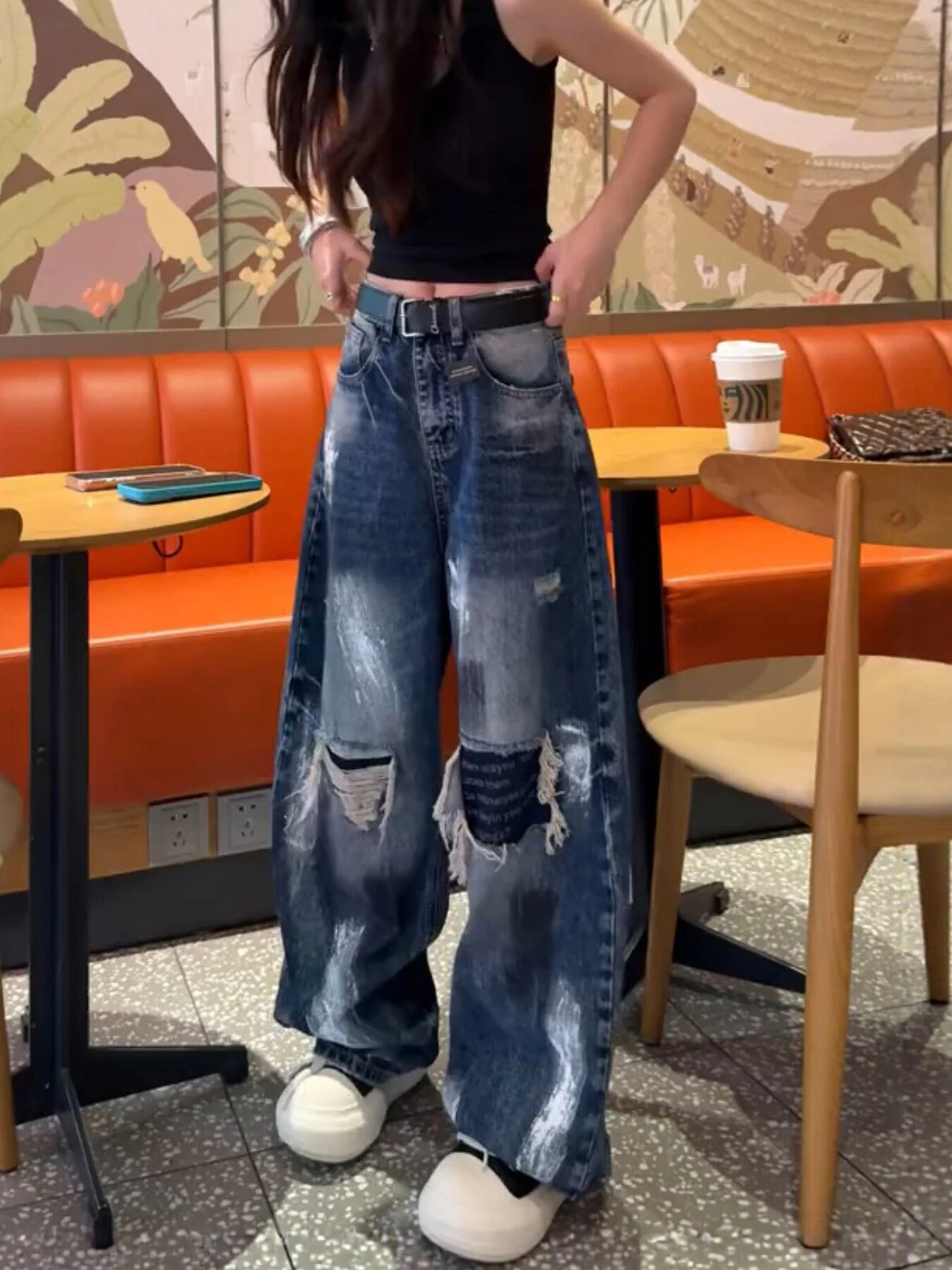 High Waist Wide Leg American Graffiti Design Loose Slimming Jeans Women's Autumn New Style plus Size Knife  Denim Pants