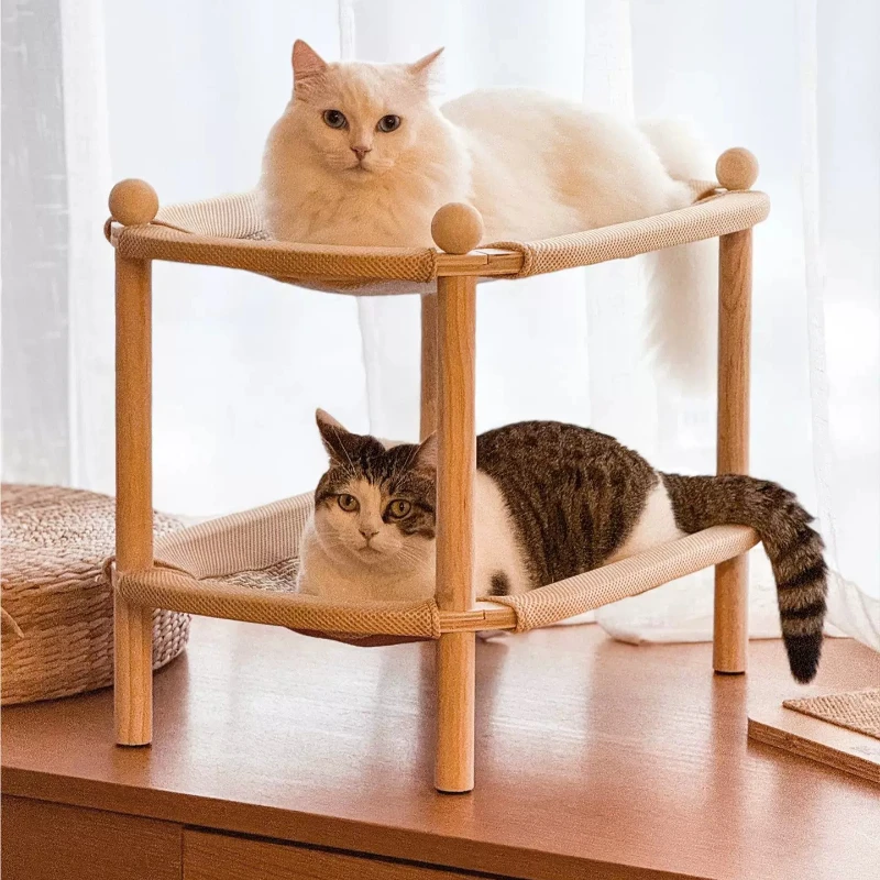 Solid Wood Cat Bed Double-layer Breathable Cat Nest Indoor Durable Cats Scratching Post Comfortable Sisal Rattan Bunk Beds