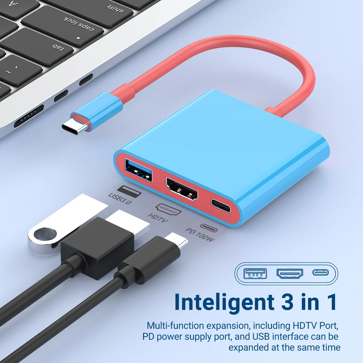 محطة إرساء محمولة 3 في 1 HUB TYPE-C مع HDMI وUSB 3.0 مثالية للسفر والألعاب
