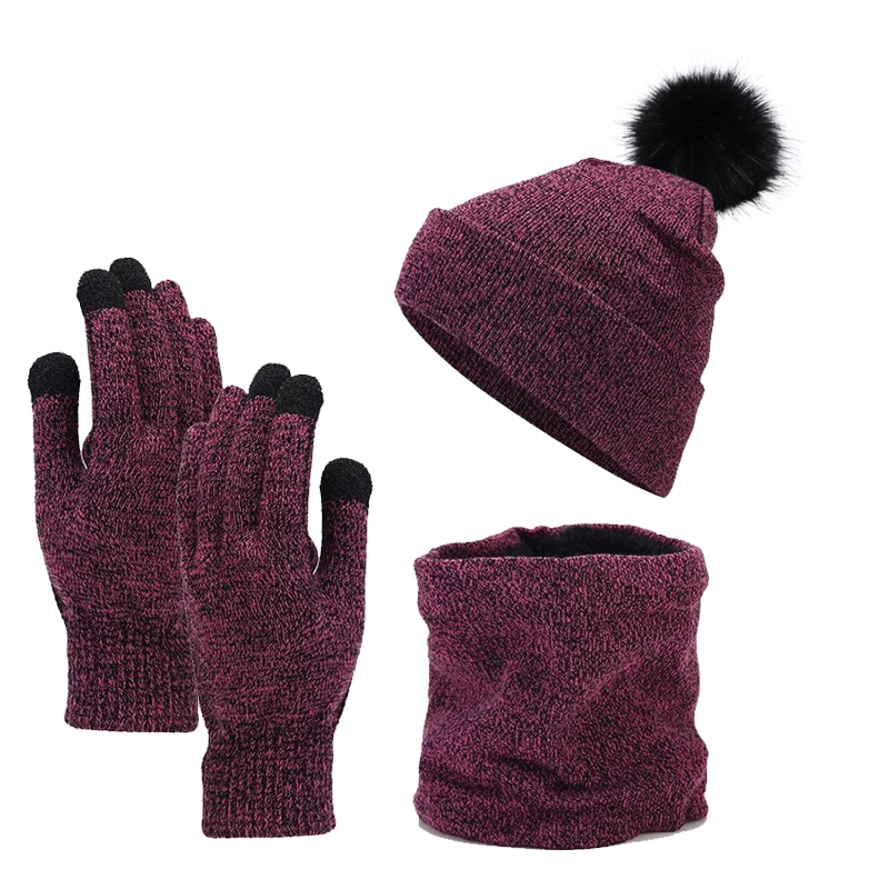 مجموعة قفازات وشاح صغيرة، لون خالص مع قبعة بوم بوم بدون إطار، قبعة شتوية متماسكة للرجال والنساء، للطقس البارد الدافئ في الهواء الطلق