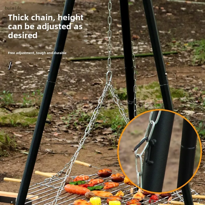 Outdoor camping tripod burning stove bonfire rack adjustable baking net hanging pot triangular bracket