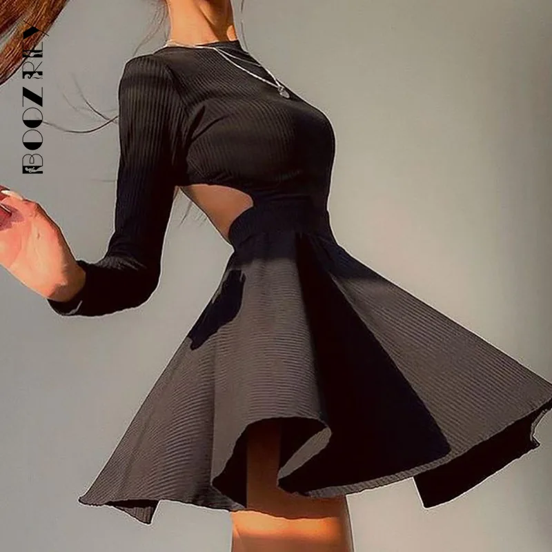 BoozRey Spring Long Sleeve Solid Dress Girl A-line Pleated Skirt Prom Party Dance Clothes French Hollow Backless Dress for Women