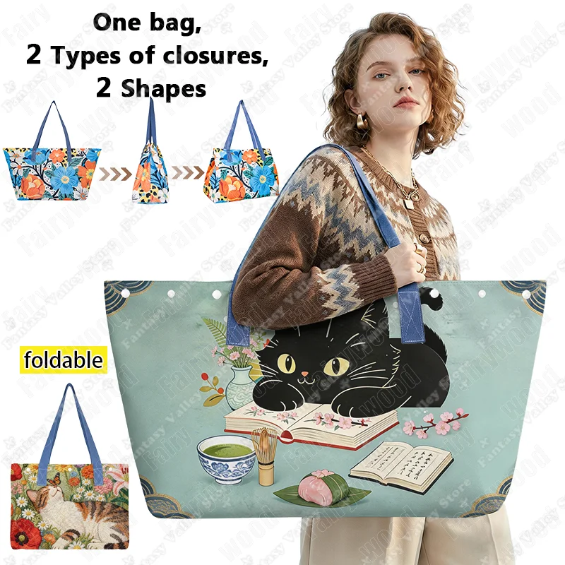 

The Cat Lying on The Book Print Shoulder Bags for Travel Kawaii Sleeping Neko/Cat Women Handbag Large Capacity Canvas Totes Bags
