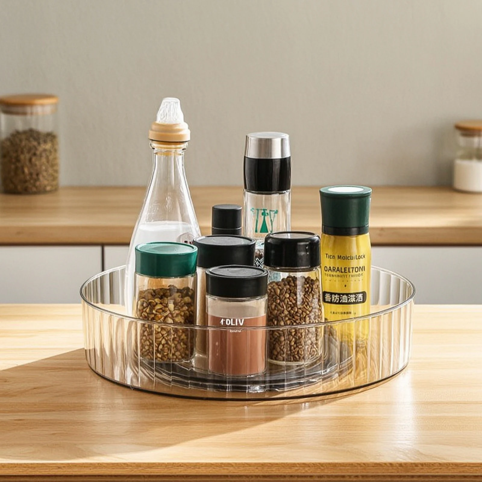 Storage Tray with Rotating Base Clear Rotating Tray Rotating Tray Ribbed Turntable Organizer Slim for Cabinet, Countertop