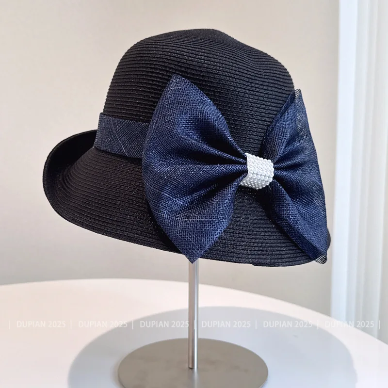

Французская роскошная конопляная пряжа, рыбацкая шляпа с большим бантом, летняя солнцезащитная соломенная шляпа, соломенная шляпа Хепберн, перевернутая ветровая шляпа для бассейна