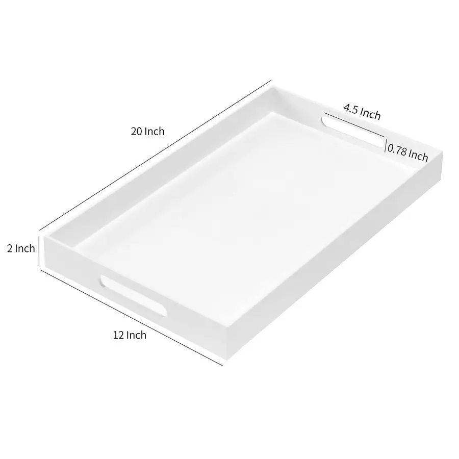 White Sturdy Acrylic Serving Tray with Handles 12x20x2H Inches Spill Proof Decorative Trays Countertop Organizer for Ottoman Cof - Detail 1
