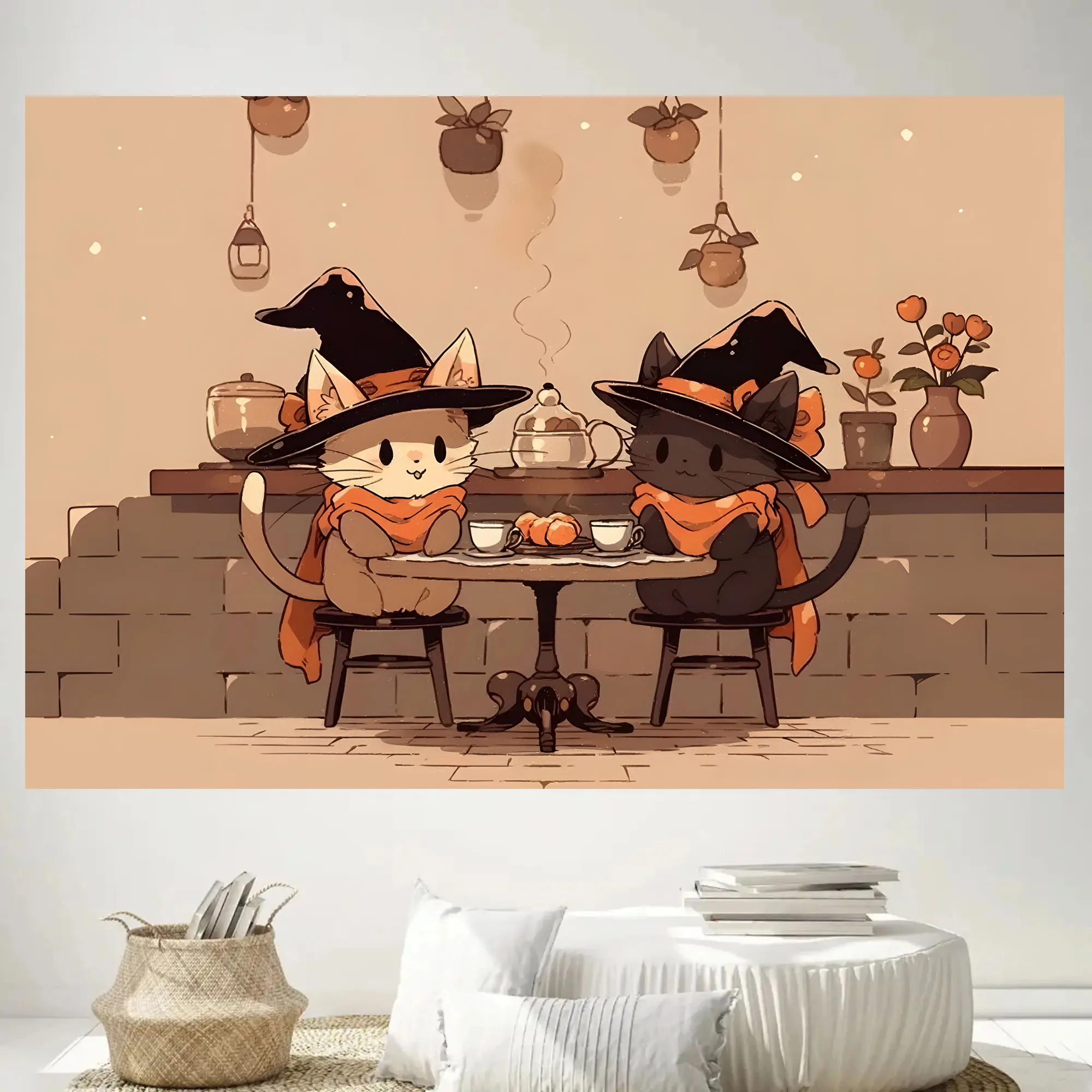 Cottagecore Halloween Tapestry Cute Witch Cats Tea Time Cartoon Wall Hanging Art for Dorm Bedroom Fall Autumn Aesthetic Room