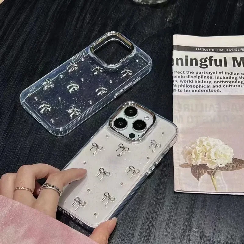 Transparent Stereoscopic Metal Bow Cell Phone Case for IPhone 15 Plus 15 Pro Max Shockproof Bowknot Soft Clear for IPhone 15