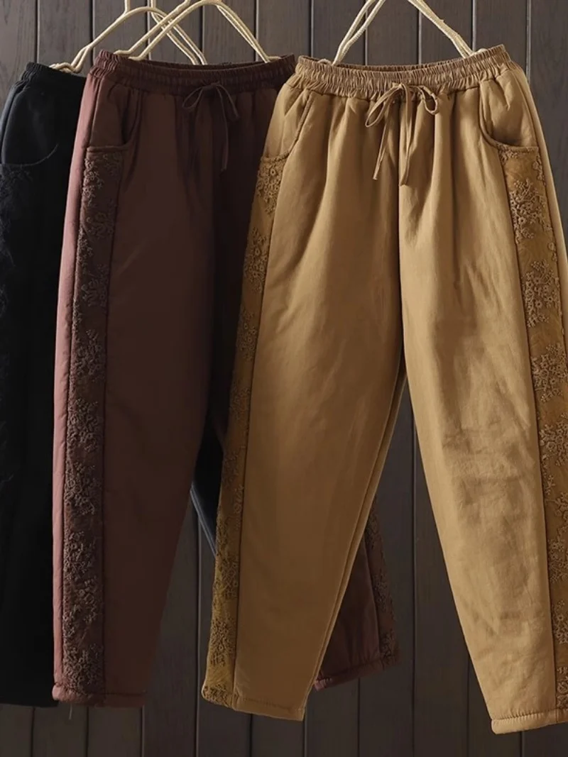 Autumn Winter Warm Cotton Pants Women's Retro Artistic Mesh Embroidery Splicing Loose Thick Haren Casual Trousers W1163