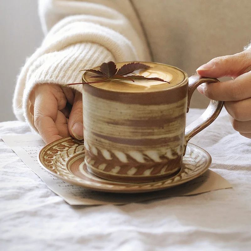 

Japanese Retro and Vintage Style Handmade Ceramic Cup and Saucer Set Coffee Cup High Temperature Resistance Hand Painted Glaze