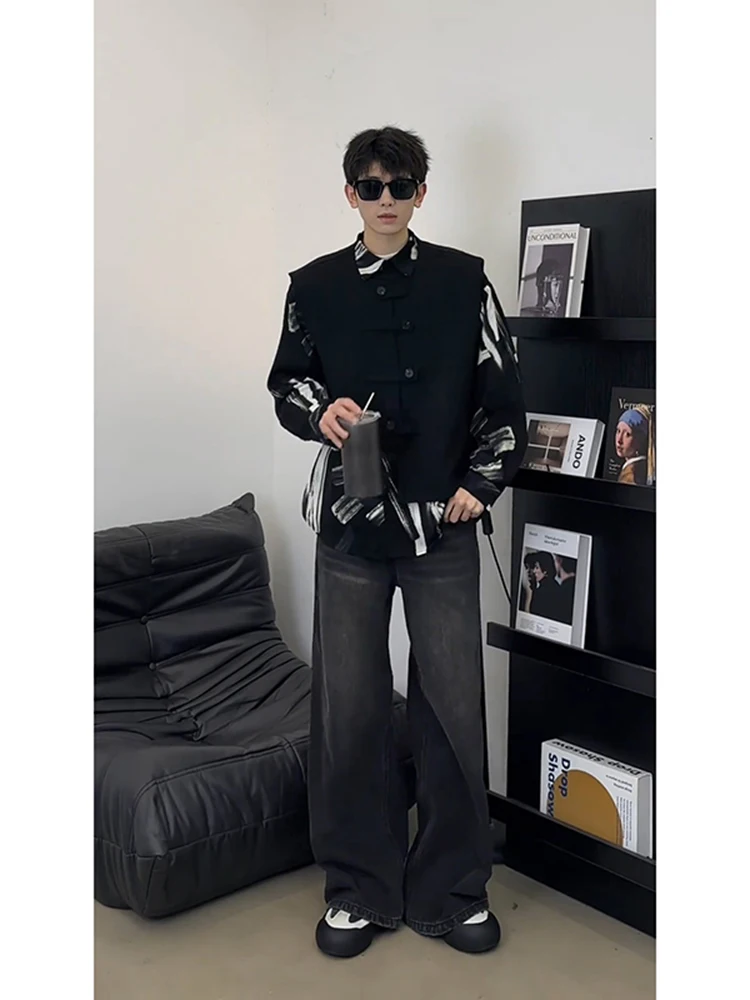 

Bla Vest irt Set for Men Spring Autumn Sli Casual High End Polyester Fiber Long Sve arp Collar Geometric Pattern