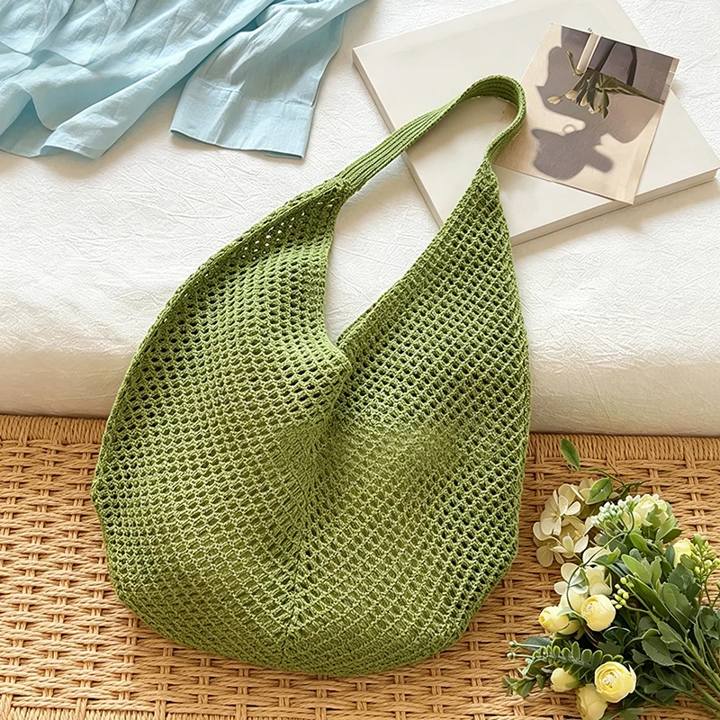 

Women Hollow Summer Bag Solid Color Aesthetic Hobo Bag Large Capacity Knitted Tote Handbag Ladies Daily Handbag