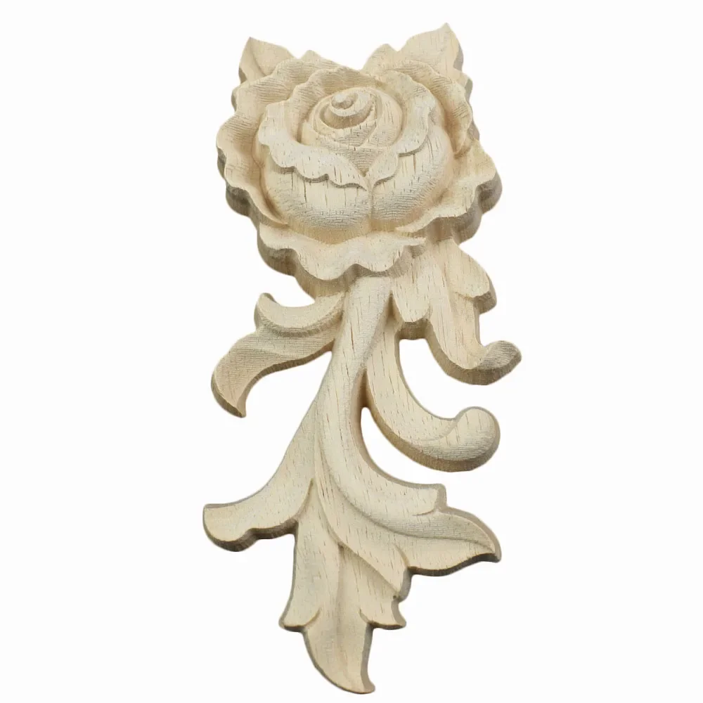 4PCS Ornamental Unpainted Long Leaves Rubber Wood Furniture Decoration Accessories Doors Figurines Wood Decal Wooden Applique