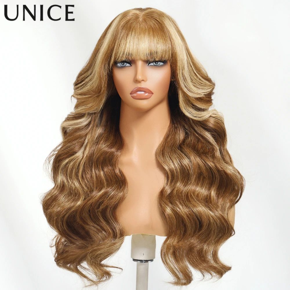 

UNice Hair 13x4 Pre Everything Honey Blonde Loose Wave Wig With Curtain Bangs Pre Plucked Pre Cut Pre Bleached Glueless Wig 150%