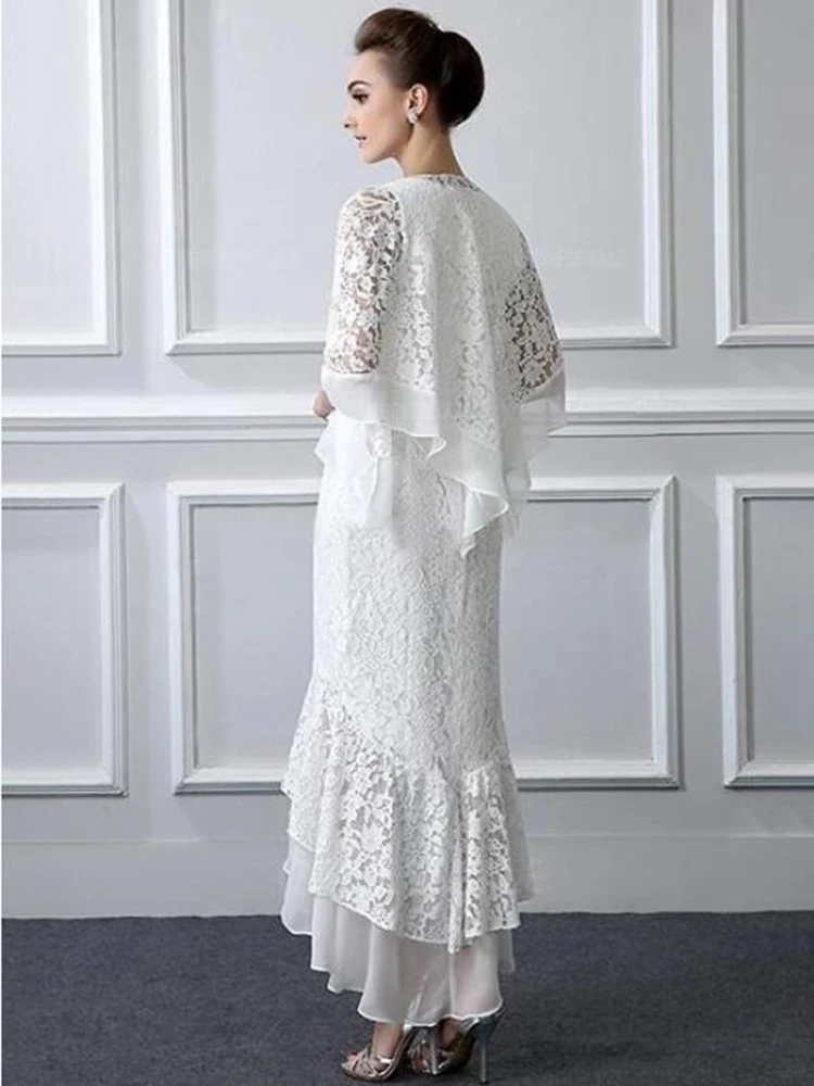 2020 New Amazing High Low White Lace Mother of the Bride Dresses With Shawl Jewel Neck Mother of Groom Gowns Sleeveless