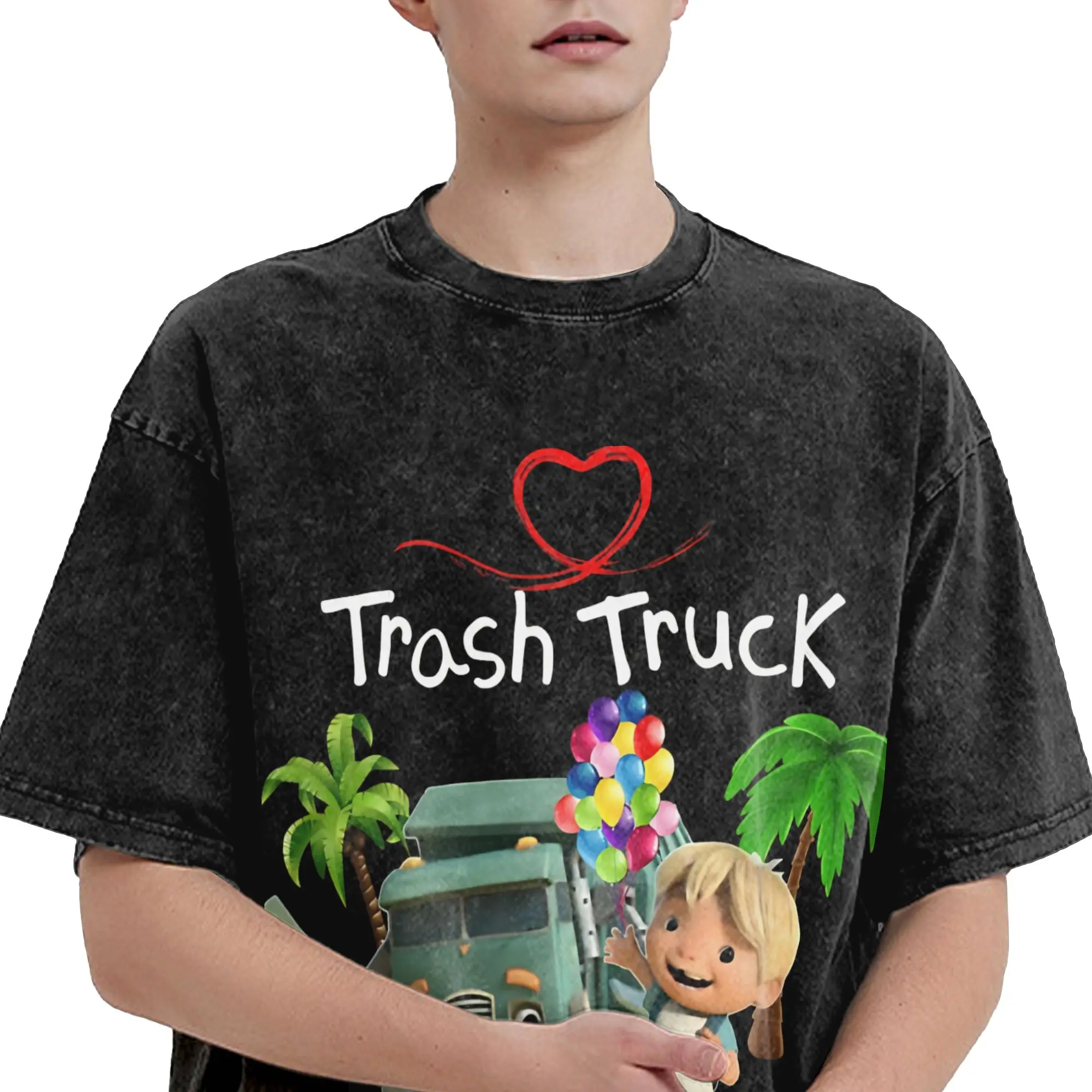 Harajuku Washed Shirt Trash Truck anime Outfit Vintage T-Shirts Oversize  Streetwear Short Sleeve Summer Tops Tees
