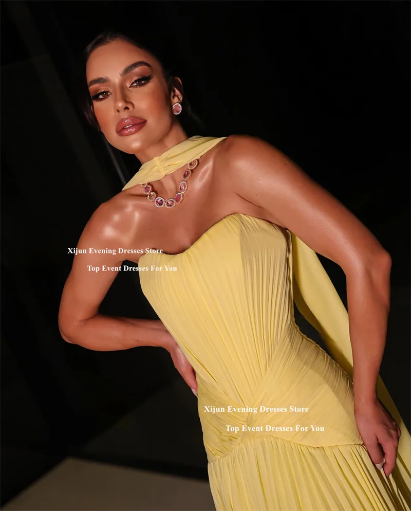 Xijun Желтые шифоновые вечерние платья трапециевидной формы Милая плиссированные платья макси для выпускного вечера Вечерний шарф без рукавов Пром платья по индивидуальному заказу