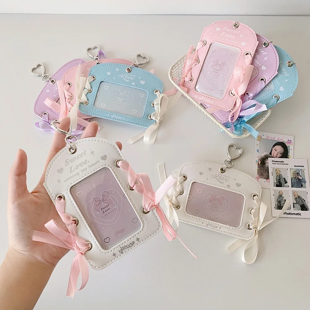 

DIY Ballet Ribbon Korean Photocard Holder PU Card Cover With Keychain Idol Card Display Protector Picture Hanging Decoration