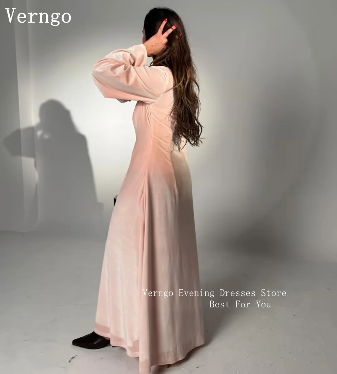 Verngo Apricot Velvet Evening Dress Sequined Full Sleeves A Line Formal Occasion Dress Maxi Arabia Prom Gown Customized