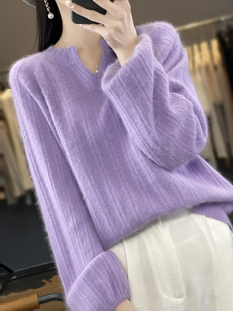 Autumn Winter 100% Mink Cashmere Women's V-Neck Sweater New Knitwear Tops Puff Sleeve Pullover Casual Loose Korean Clothing