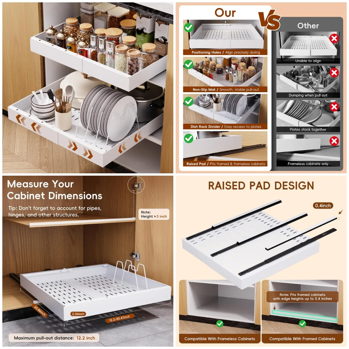 

2 Pack Pull Out Cabinet Organizer, 21' Deep Slide Out Drawers, No Drill Adhesive, Adjustable Width 12.05'-20.4'