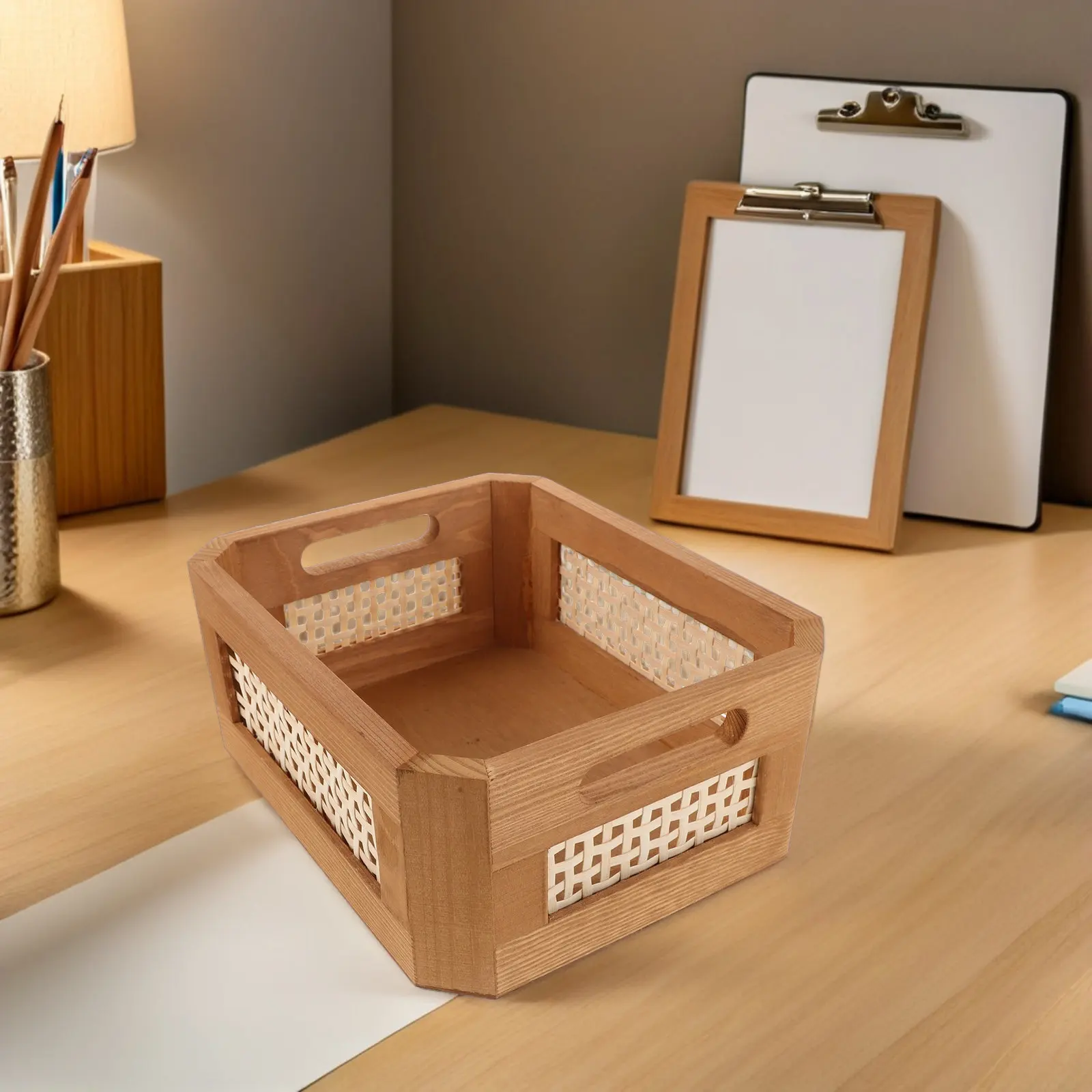 Retro Rattan Storage Box Hollow Woven Basket Portable Decorative Organizer Bathroom Bedroom Clothes Books 9.8x7.8x3.9 Natural