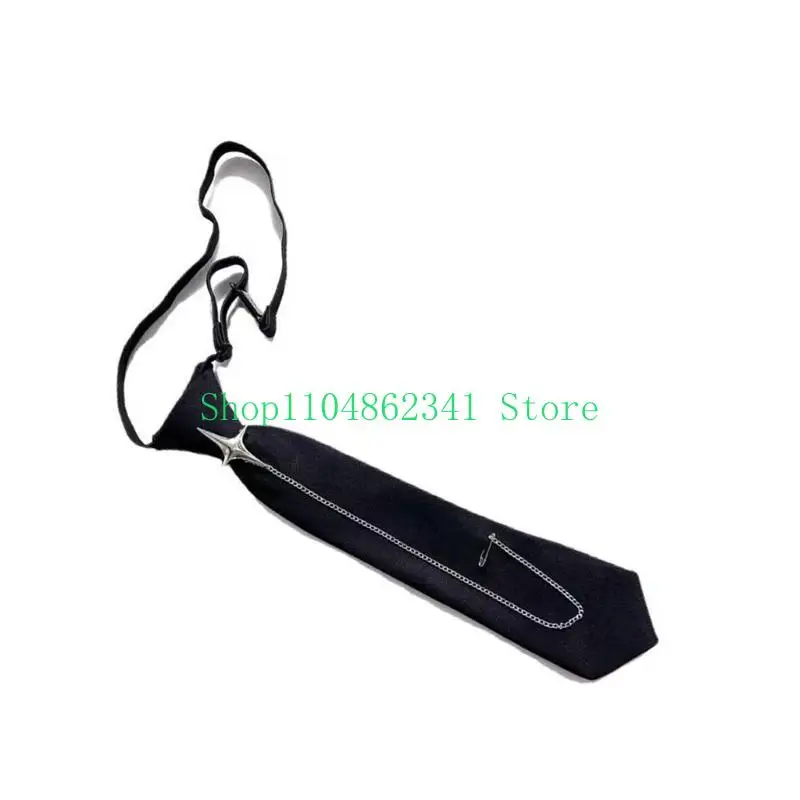 5asd Punk Crosses Pin Chain Tie for School Campus Uniform Adjustable Pre Tied Black Necktie for Students and Teens Adults