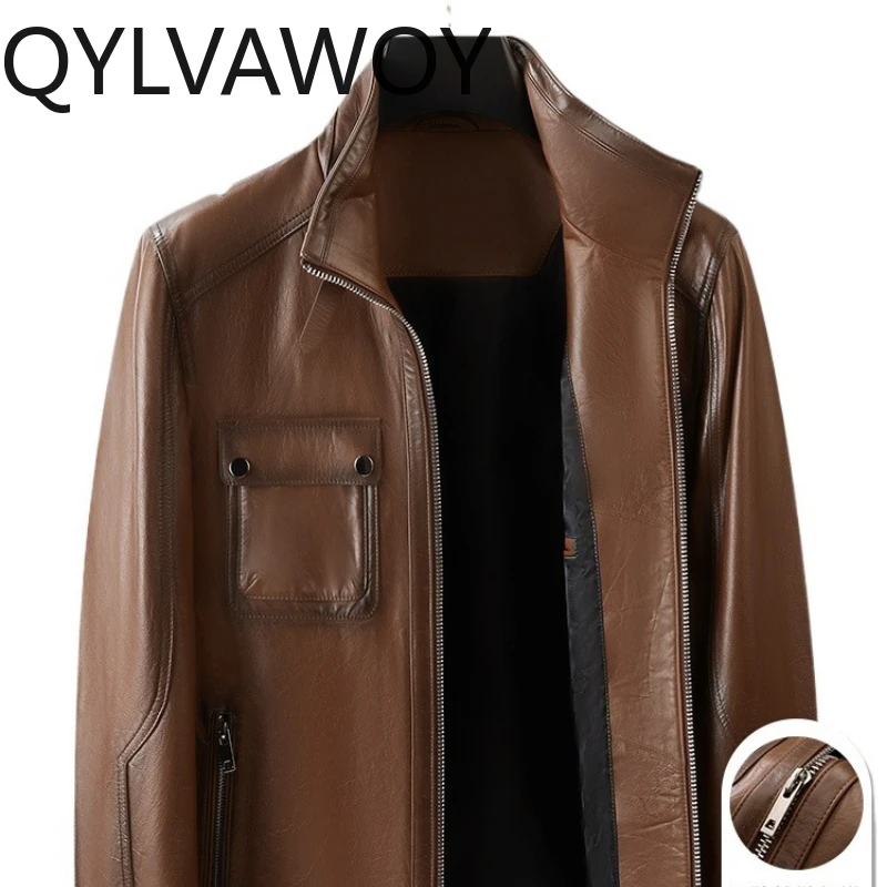 

QYLVAWOY 2025 Autumn Winter New Top-Grain Cowhide Real Leather Men's Jacket Stand-Up Collar Lapel Middle-Aged Outerwear LJ2638