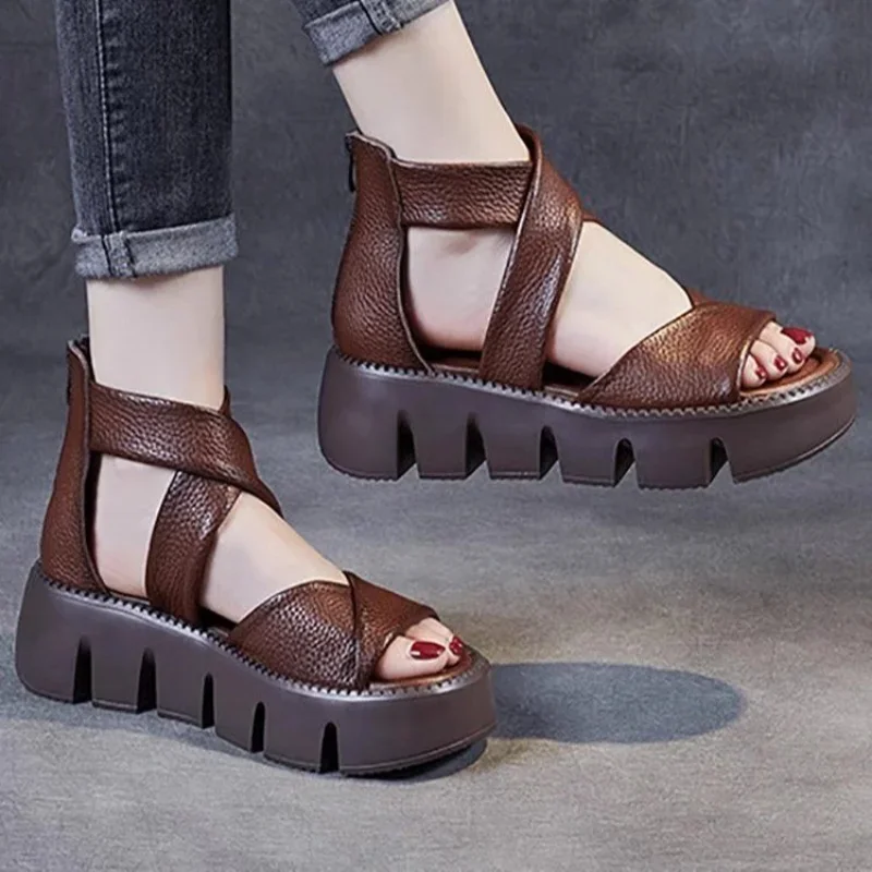 Retro Thick Soled Sandals for Women's Summer New Genuine Cow Leather Muffin Non-slip Shoes Fish Mouth Roman Sandal