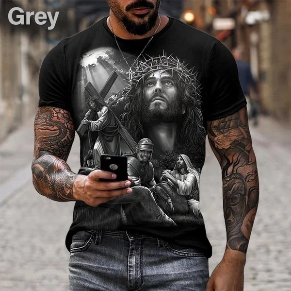 New Summer Casual All-match Men\'s Jesus Christ Cross 3d Printed T-shirt 2022 Funny Short-sleeved Oversized Printed O-neck Tee